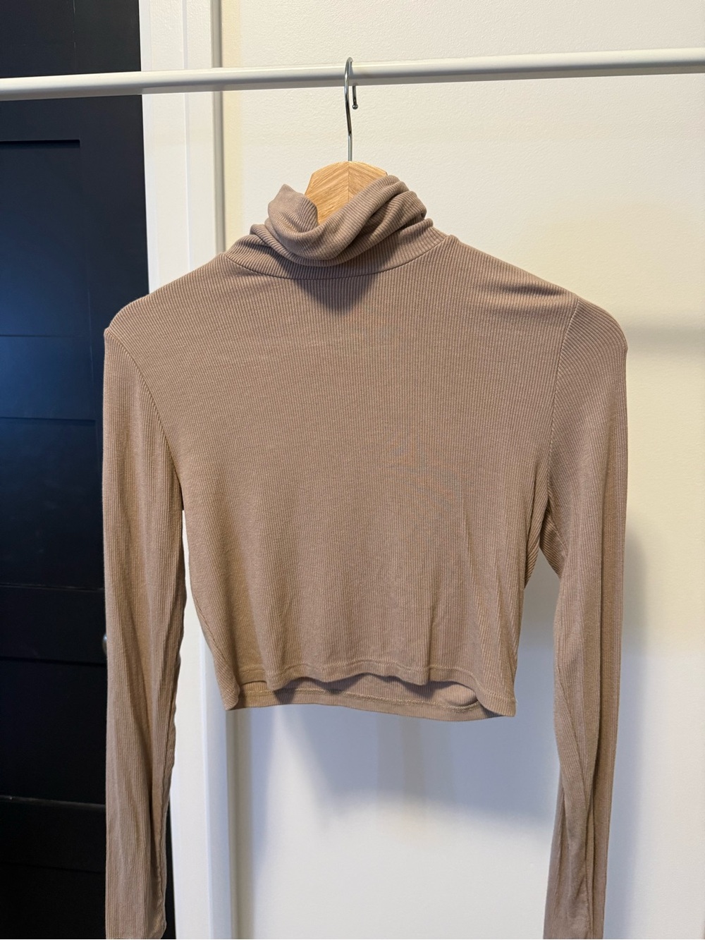 Garage Cropped Ribbed Turtleneck Top in Taupe